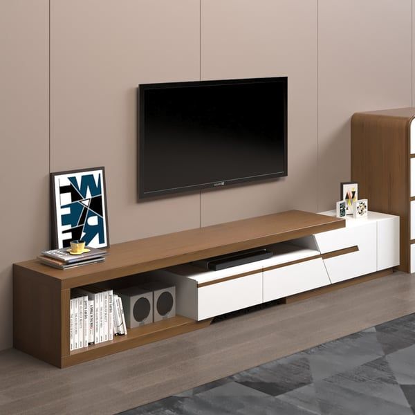 Modern Extendable Tv Stand White & Walnut With Storage & Bookshelf & Drawer  | Homary Ca Intended For Modern Stands With Shelves (View 4 of 15)