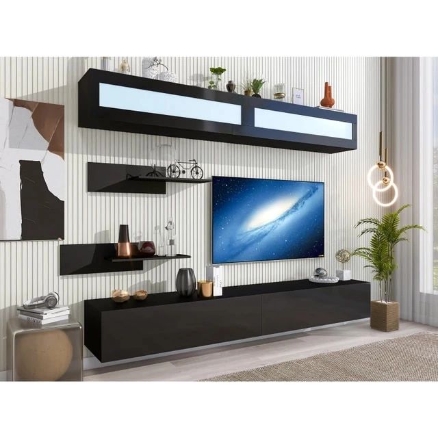 Modern High Gloss Entertainment Center For 95+ Inch Tv, 16 Color Rgb Led  Lights For Living Room, Bedroom, Black – Aliexpress Intended For Rgb Entertainment Centers Black (View 9 of 15)