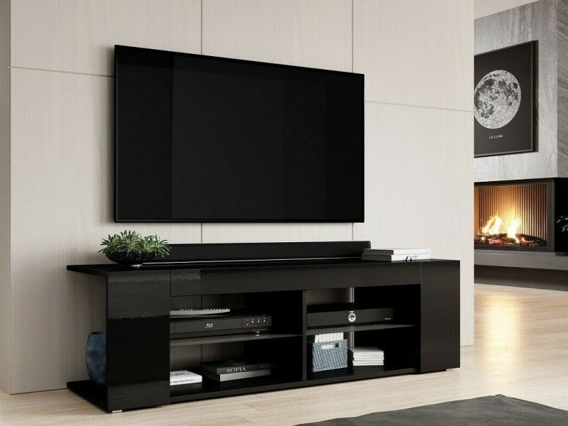 Modern Tv Cabinet Stand Media Entertainment Unit In Black High Gloss /  Black Matt Effect Finish – Texas For Modern Stands With Shelves (View 2 of 15)