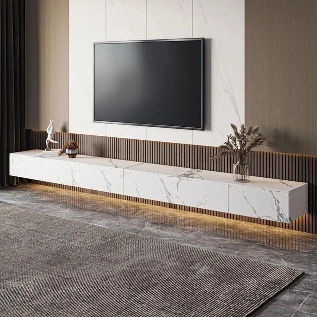 Modern White Floating Tv Stand, Sintentered Stone Wall Mounted Tv Console  With Drawers Storage, Flip Down Door, 110" – Aliexpress Regarding Wall Mounted Floating Tv Stands (View 9 of 15)