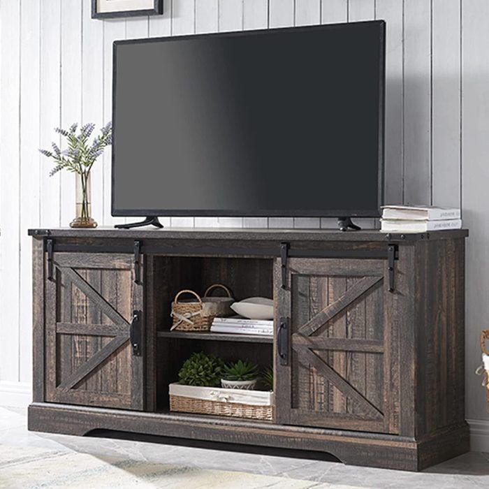 Okd Farmhouse Tv Stand For 65 Inch Tvs, Modern Rustic Entertainment Center  With Sliding Barn Door, Wood Media Console Cabinet With Adjustable Shelf  For Living Room, Dark Rustic Oak – Built To Regarding Modern Farmhouse Rustic Tv Stands (Photo 13 of 15)