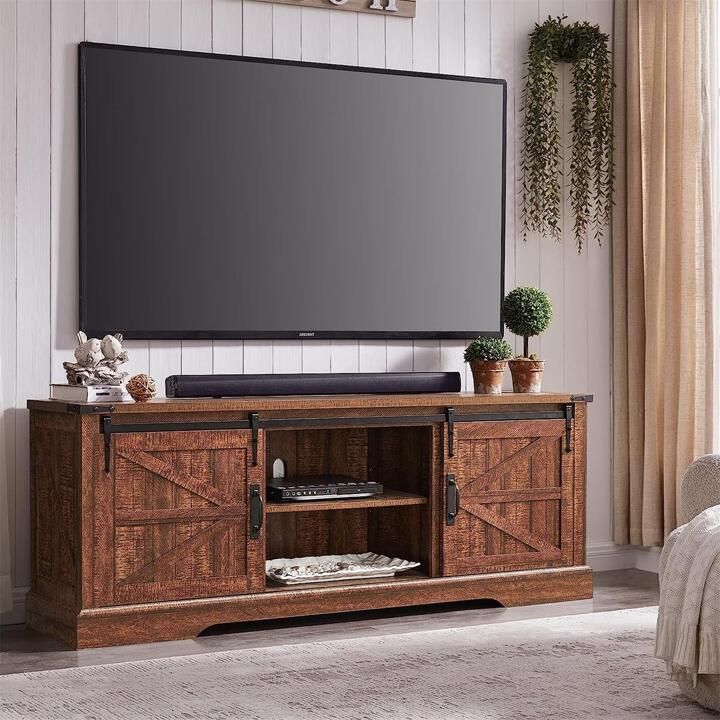 Okd Farmhouse Tv Stand For 75 Inch Tv With Sliding Barn Door, Rustic Wood  Entertainment Center Large Media Console Cabinet Long Television Stands For 70  Inch Tvs, Antique White | Shein Usa Intended For Farmhouse Tv Stands For 70 Inch Tv (Photo 10 of 15)