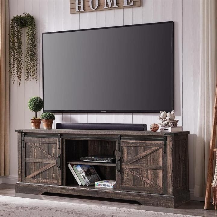 Okd Farmhouse Tv Stand For 75 Inch Tv With Sliding Barn Door, Rustic Wood  Entertainment Center Large Media Console Cabinet Long Television Stands For 70  Inch Tvs, Antique White | Shein Usa Throughout Farmhouse Tv Stands For 70 Inch Tv (View 5 of 15)