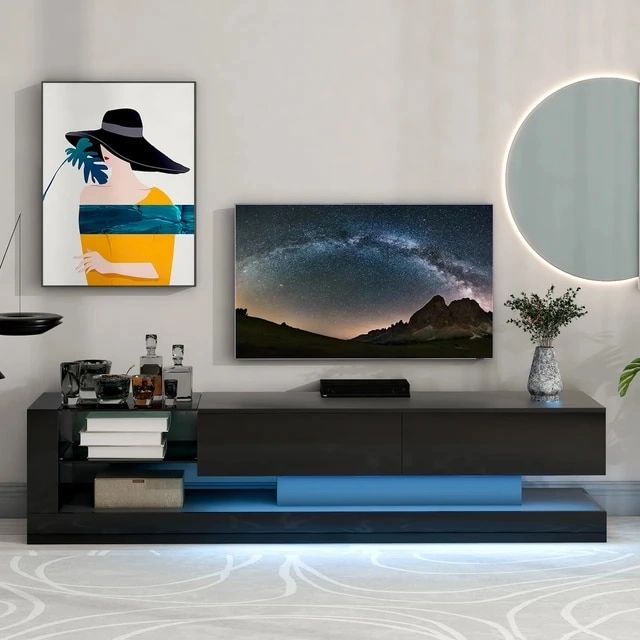 On Trend Tv Stand With Two Media Storage Cabinets Modern High Gross Entertainment  Center For 75 Inch Tv 16 Color Rgb Led Color Changing Lights For Living  Room Black – Aliexpress Regarding Rgb Entertainment Centers Black (View 2 of 15)
