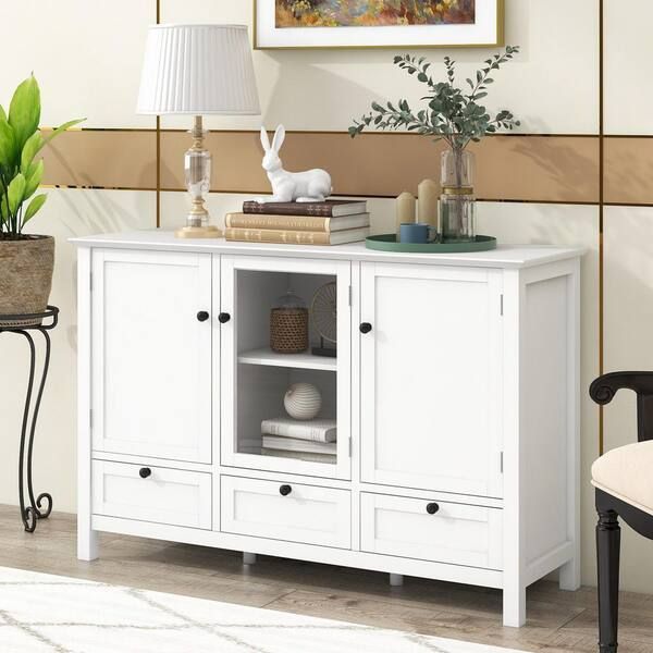 Polibi 44.9 In. Modern Accent Cabinet, Console Sideboard For Living Room  Dining Room With 2 Doors And 3 Drawers In White Rs 449maccs3d W – The Home  Depot With Versailles Console Cabinets (Photo 12 of 15)