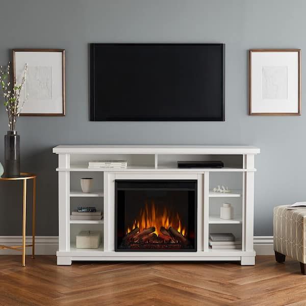Real Flame Belford 56 In. Freestanding Electric Fireplace Tv Stand In White  7330e W – The Home Depot For Electric Fireplace Entertainment Centers (Photo 3 of 15)