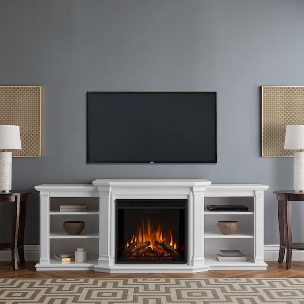 Real Flame Valmont 74 In. Electric Fireplace Tv Stand Entertainment Center  In White 7930e W – The Home Depot With Regard To Electric Fireplace Tv Stands (Photo 3 of 15)