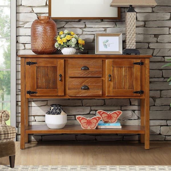 Retro Style Brown Freestanding Wood 48 In. Storage Buffet Sideboard With 2  Drawers And 2 Cabinets And Open Bottom Shelf Zt W120270247 1 – The Home  Depot With Freestanding Tables With Drawers (Photo 3 of 15)