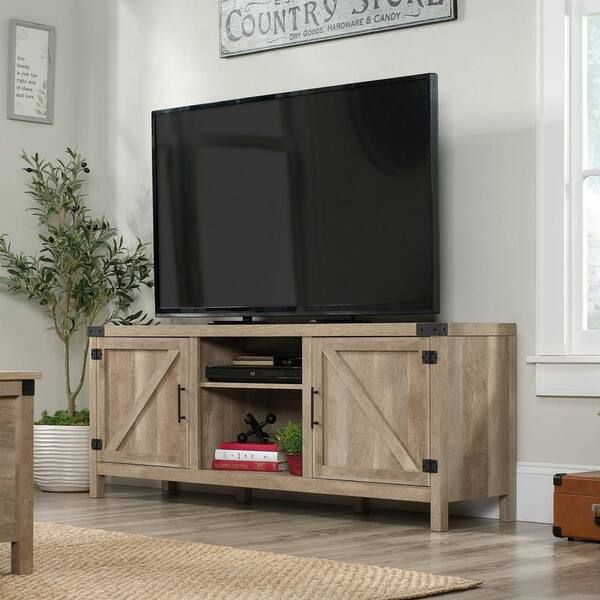 Sauder Bridge Acre 62.008 In. Lintel Oak Engineered Wood Entertainment  Center Fits Tv's Up To 65 In. With 2 Doors 427688 – The Home Depot In Entertainment Units With Bridge (Photo 12 of 15)