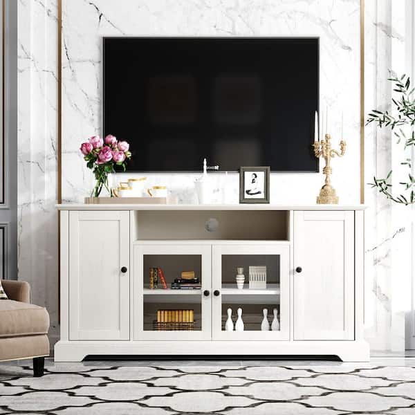 Seafuloy 59.8 In. W White Mdf Tv Cabinet With (2) 3 Tier Storage And  Tempered Glass Cabinet Tv Up To 65 In. C Wf287841aak – The Home Depot Pertaining To Tier Stand Console Cabinets (Photo 1 of 15)