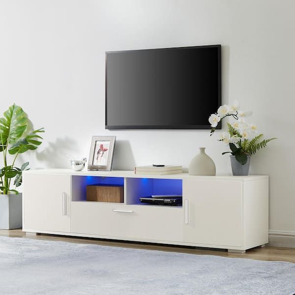 Seafuloy 63 In. W White Particleboard Tv Cabinet With Led Lights And  3 Large Storage Space Maximum Television Size For 65 In. C W67936018 – The  Home Depot Within White Tv Stands Entertainment Center (Photo 5 of 15)