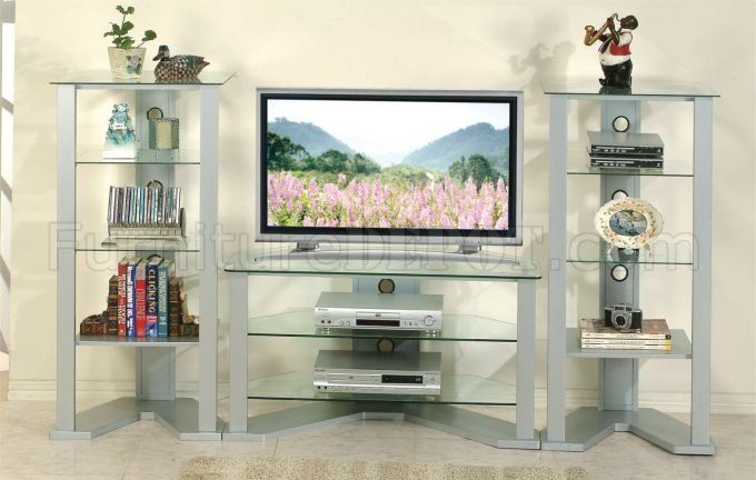 Silver Modern Tv Stand W/glass Shelves & Optional Shelf Units Pertaining To Glass Shelves Tv Stands (Photo 6 of 15)