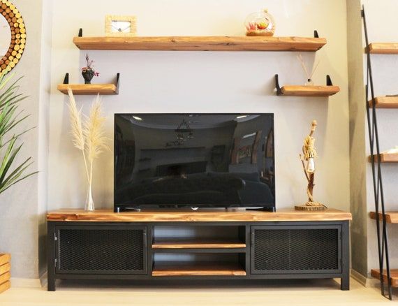 Solid Walnut Wood And Metal Tv Unit Mass / Natural Wooden And Steel Media  Console / Industrial Style Tv Stand / Loft Style Tv Console – Etsy With Regard To Walnut Entertainment Centers (Photo 9 of 15)