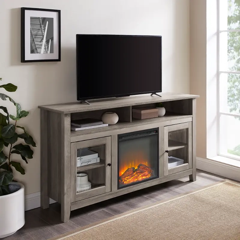 Transitional Fireplace Glass Wood 58 Inch Tv Stand – Walker Edison | Rc  Willey In Wood Highboy Fireplace Tv Stands (Photo 12 of 15)