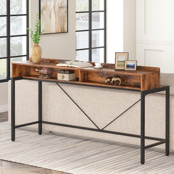Tribesigns Way To Origin Benjamin Brown 70.9 In. Long Console Sofa Table, 2  Tier Narrow Industrial Behind Couch Bar Table Storage Shelves  Hd Xk00148 Wzz – The Home Depot Intended For Asymmetrical Console Table Book Stands (Photo 5 of 15)