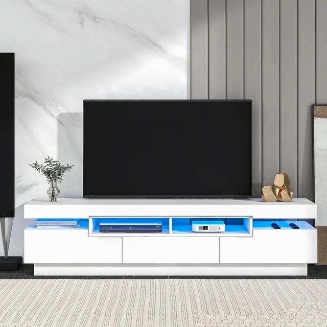 Tv Cabinet With 4 Open Shelves, Modern Entertainment Center, Tv Storage  Stand With 16 Color Rgb Led Color Changing Lights, White – Tv Stands –  Aliexpress With Regard To Modern Stands With Shelves (View 9 of 15)