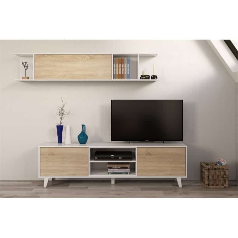 Tv Stand 2 Doors With 2 Niches And Wall Shelf Veson (white, Oak) Pertaining To Tv Stands With 2 Doors And 2 Open Shelves (View 4 of 15)