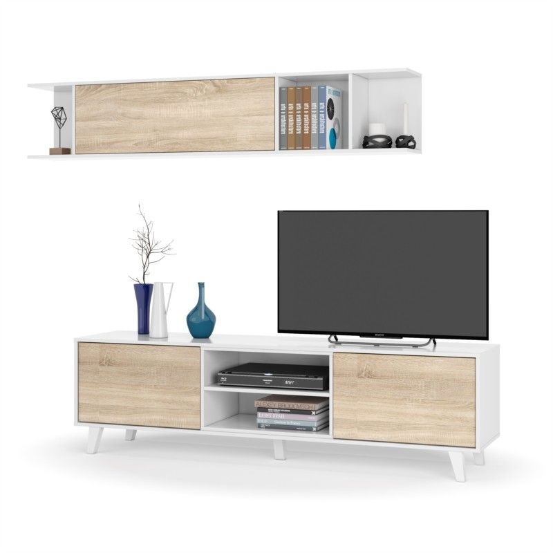 Tv Stand 2 Doors With 2 Niches And Wall Shelf Veson (white, Oak) Within Tv Stands With 2 Doors And 2 Open Shelves (Photo 1 of 15)