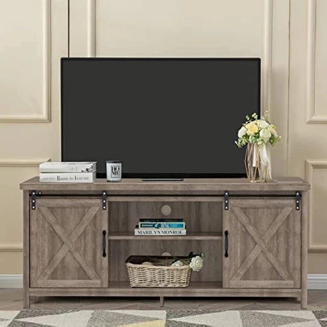 Tv Stand With Sliding Barn Doors, Media Entertainment Center Console Table  For Tvs Up To 65”,2 Tier Large Orage Cabinets,rustic – Aliexpress In Barn Door Media Tv Stands (View 13 of 15)