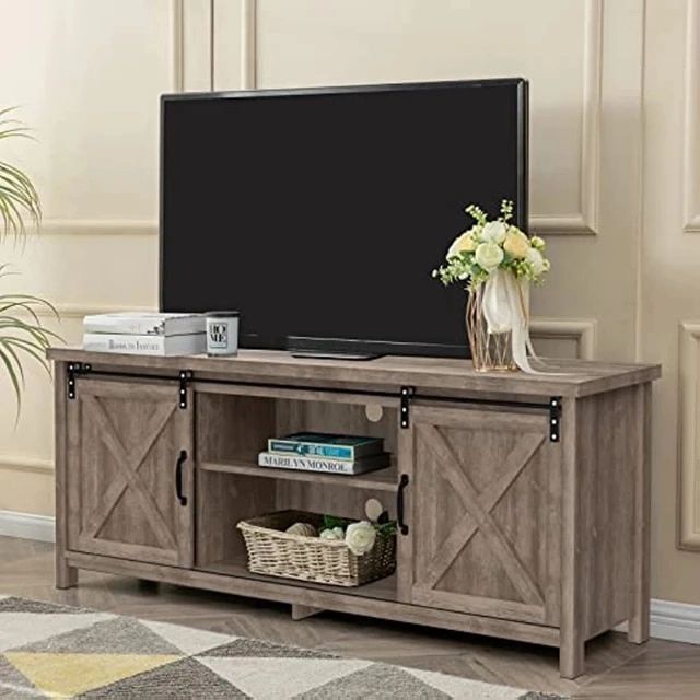Tv Stand With Sliding Barn Doors, Media Entertainment Center Console Table  For Tvs Up To 65”,2 Tier Large Orage Cabinets,rustic – Aliexpress With Regard To Tier Stand Console Cabinets (Photo 2 of 15)