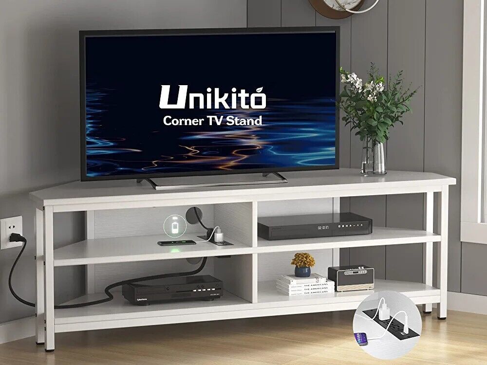 Unikito Corner Tv Stand Built In Power Outlet, Corner Entertainment Center  | Ebay Throughout Led Tv Stands With Outlet (View 11 of 15)