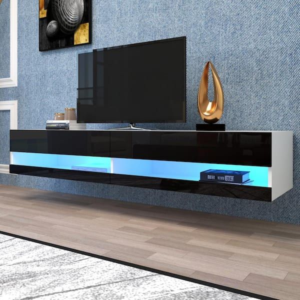 Utopia 4niture Jhiberty Black 78 In. Floating Tv Stand With Led Lights For  Tvs Up To 80 In. Haw33128748 – The Home Depot Pertaining To Tv Stands With Lights (Photo 4 of 15)