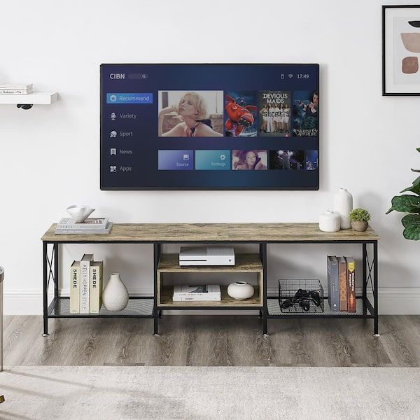 Vecelo Industrial Tv Stand Television Cabinet 3 Tier Console With Open  Storage Shelves 63 In. Gray Khd Tv03 Gry 160 – The Home Depot Within Tier Stand Console Cabinets (Photo 14 of 15)