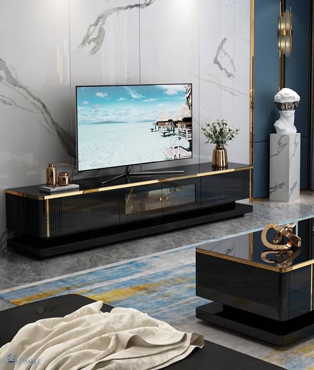 Viviana Tv Stand Gloss Black & Gold Metal 200lx40dx41hcm | Casa Classique  Decor Regarding Black Marble Tv Stands (View 14 of 15)