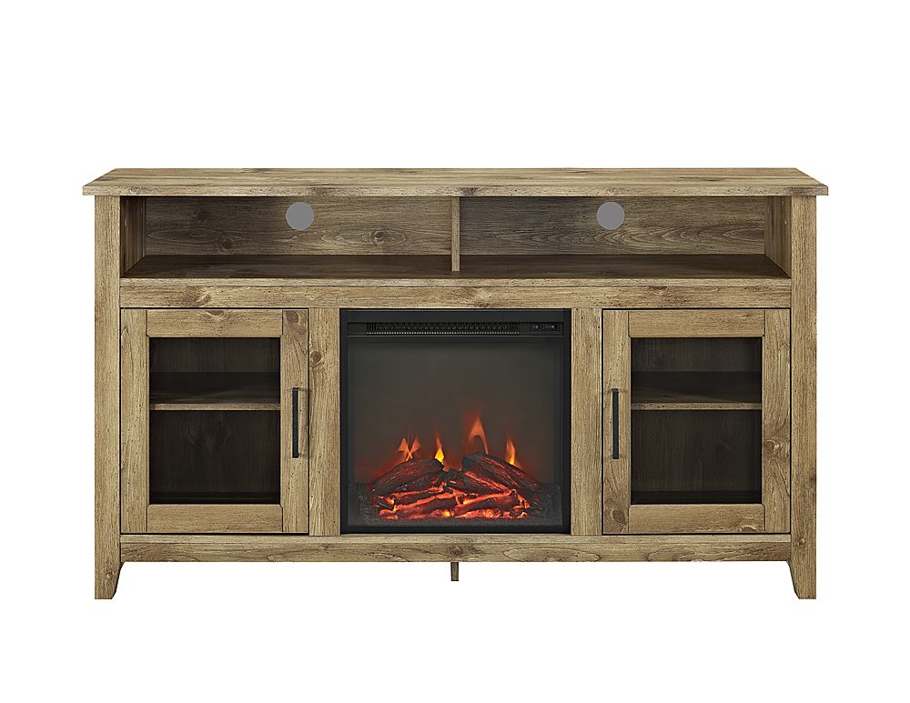 Walker Edison 58" Tall Glass Two Door Soundbar Storage Fireplace Tv Stand  For Most Tvs Up To 65" Barnwood Bb58fp18hbbw – Best Buy With Regard To Wood Highboy Fireplace Tv Stands (View 9 of 15)