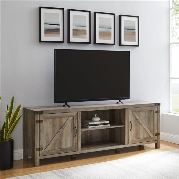 Walker Edison Farmhouse Tv Cabinet With 2 Doors – 70 In X 24 In – Grey  Lw70bdsdgw | Rona Regarding Modern Farmhouse Rustic Tv Stands (View 14 of 15)