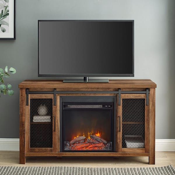 Walker Edison Furniture Company 48 In. Rustic Oak Composite Tv Stand 52 In.  With Electric Fireplace Hd48fpsmdro – The Home Depot Pertaining To Electric Fireplace Tv Stands (Photo 7 of 15)