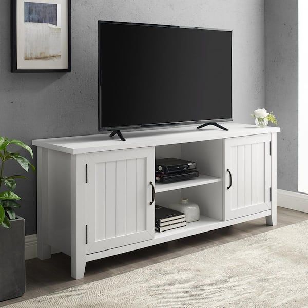 Walker Edison Furniture Company 58 In. White Wood Tv Stand With Storage  Doors (max Tv Size 65 In (View 3 of 15)