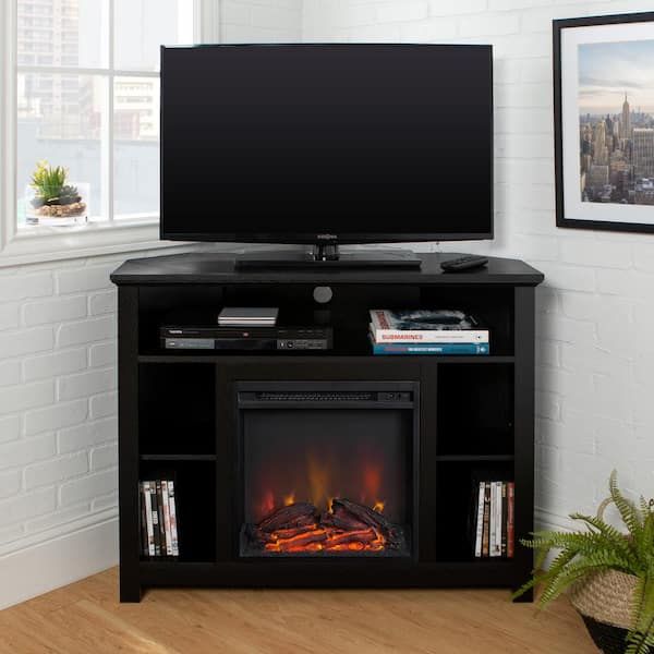 Walker Edison Furniture Company Highboy 44 In. Black Mdf Corner Tv Stand 48  In. With Electric Fireplace Hd44fphbcbl – The Home Depot Throughout Wood Highboy Fireplace Tv Stands (Photo 4 of 15)