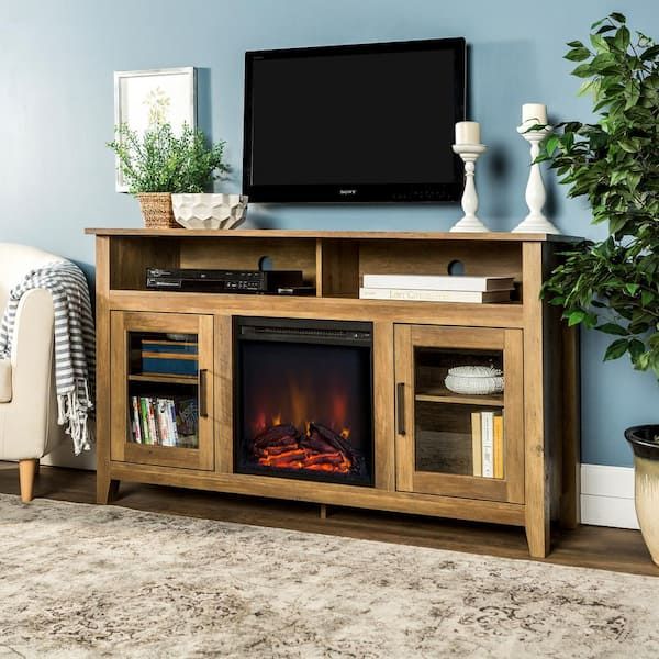 Walker Edison Furniture Company Modern Farmhouse Tall Fireplace Tv Stand –  Rustic Oak Hd58fp18hbro – The Home Depot With Wood Highboy Fireplace Tv Stands (View 8 of 15)