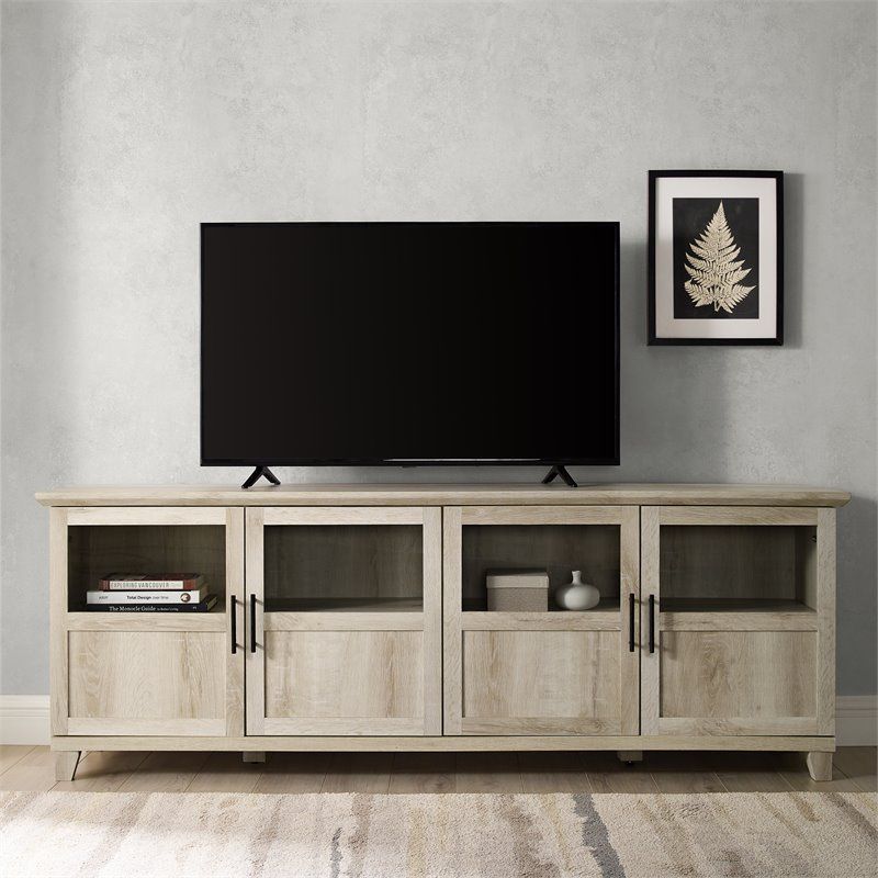 Walker Edison Goodwin 4 Panel Doors Wood Tv Stand For Tvs Up To 80" In White Within Romain Stands For Tvs (Photo 13 of 15)