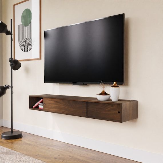 Walnut Floating Tv Stand Media Console With Sliding Doors, Tv Stand – Etsy  Ireland With Regard To Wall Mounted Floating Tv Stands (View 4 of 15)