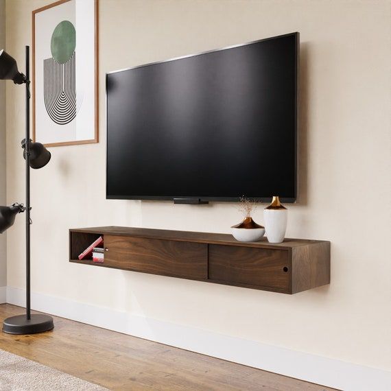 Walnut Floating Tv Stand Media Console With Sliding Doors, Tv Stand – Etsy Throughout Walnut Entertainment Centers (Photo 7 of 15)