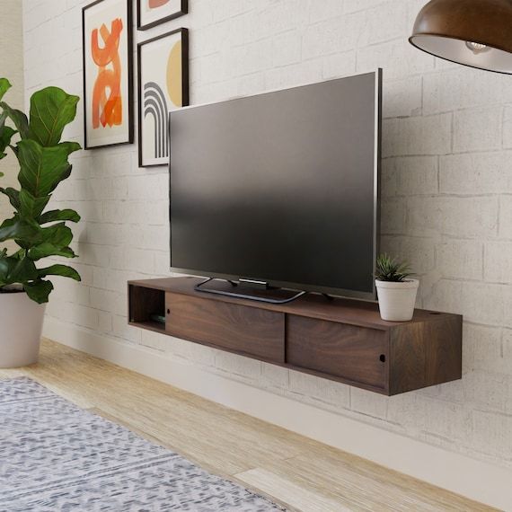 Walnut Floating Tv Stand Media Console With Sliding Doors, Tv Stand – Etsy With Media Entertainment Center Tv Stands (Photo 13 of 15)
