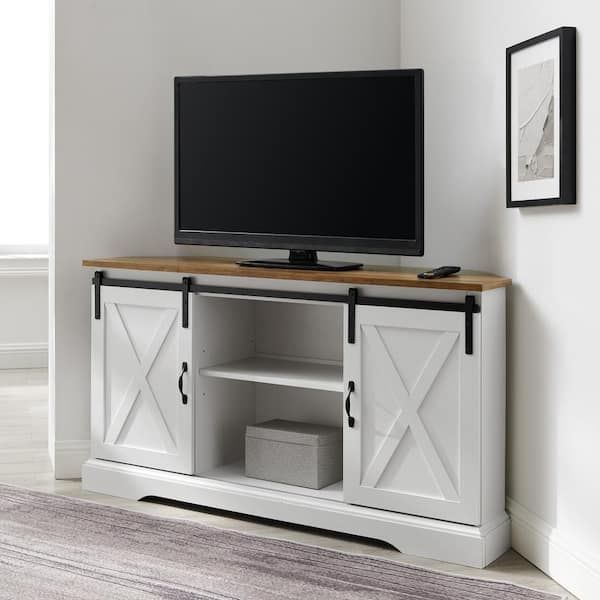 Welwick Designs 52 In. Reclaimed Barnwood And Solid White Wood Farmhouse  Corner Tv Stand With 2 Sliding Barn Doors Fits Tvs Up To 58 In. Hd8884 –  The Home Depot With Farmhouse Stands For Tvs (Photo 2 of 15)