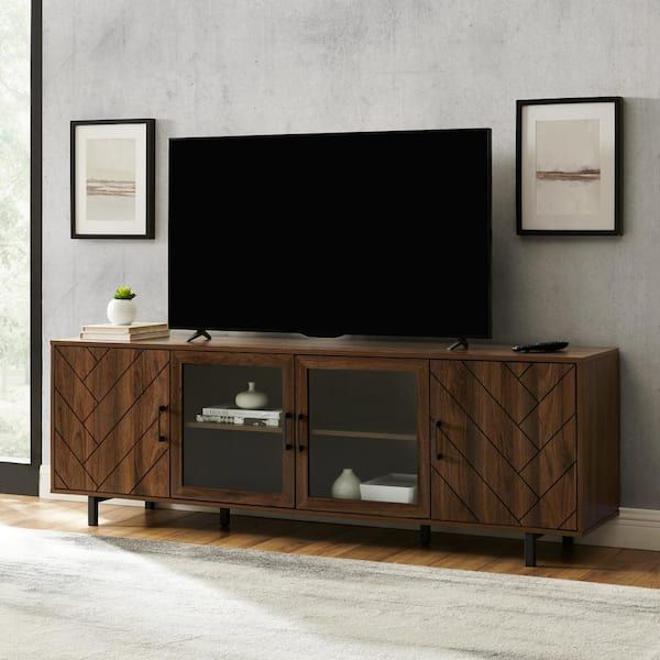 Welwick Designs 70 In. Dark Walnut Wood And Glass Modern Herringbone Tv  Stand With 4 Drawers (max Tv Size 80 In.) Hd8891 – The Home Depot For Walnut Entertainment Centers (Photo 1 of 15)