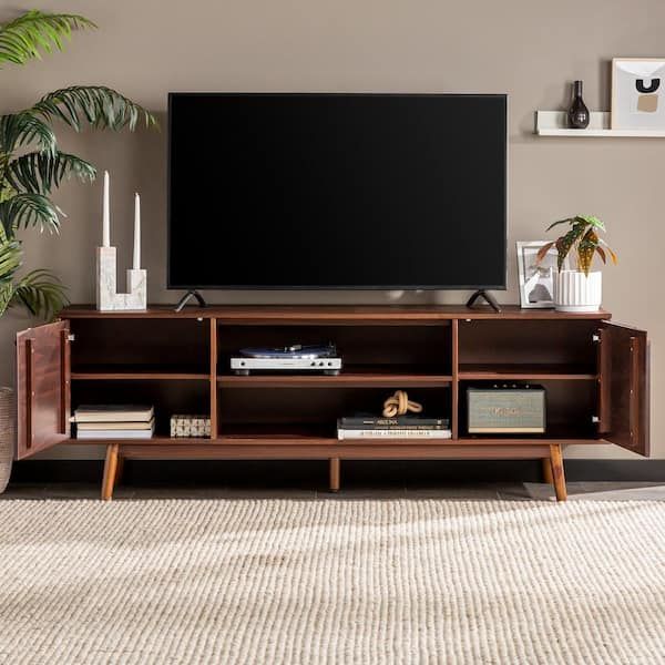 Welwick Designs 70 In. Walnut Solid Wood Mid Century Modern Tv Stand With  2 Doors (max Tv Size 80 In.) Hd8871 – The Home Depot Intended For Mid Century Entertainment Centers (Photo 7 of 15)