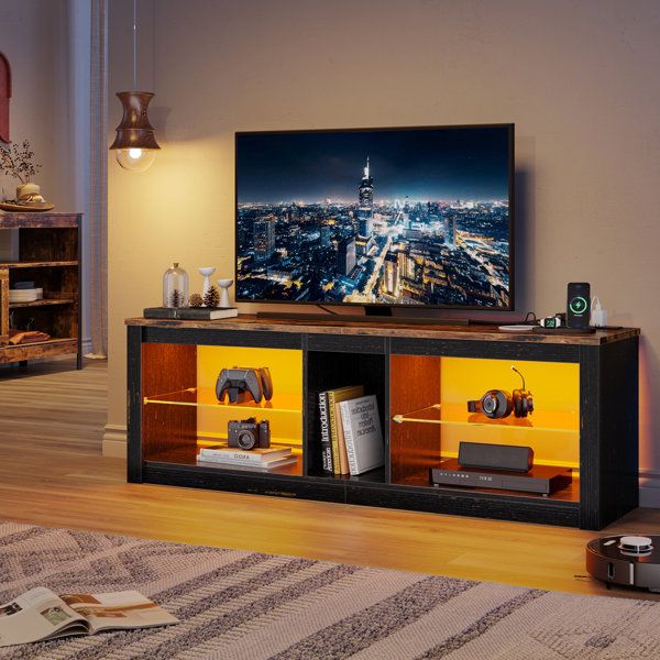 Williston Forge Aaleigha Tv Stand Cabinet With Power Outlets 140cm Modern  Tv Unit With Glass Shelf Rgb Led Lighted For 65" Tvs & Reviews |  Wayfair.co (View 14 of 15)