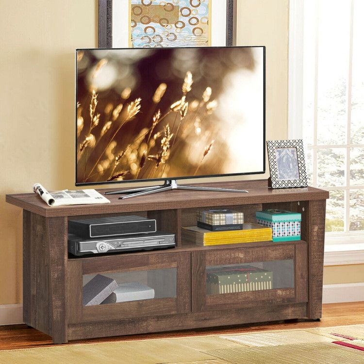 Wooden Tv Stand With 2 Open Shelves And 2 Door Cabinets – Costway Within Tv Stands With 2 Doors And 2 Open Shelves (Photo 9 of 15)
