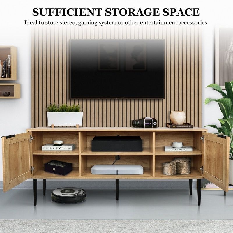 Wooden Tv Stand With 2 Rattan Decorated Doors And 2 Open Shelves,tvs Up To  65 Inches – Bed Bath & Beyond – 37873498 Regarding Tv Stands With 2 Doors And 2 Open Shelves (View 7 of 15)