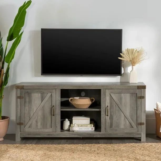 Woven Paths Modern Farmhouse Barn Door Tv Stand For Tvs Up To 65", Grey  Wash | Ebay With Regard To Modern Farmhouse Rustic Tv Stands (Photo 11 of 15)