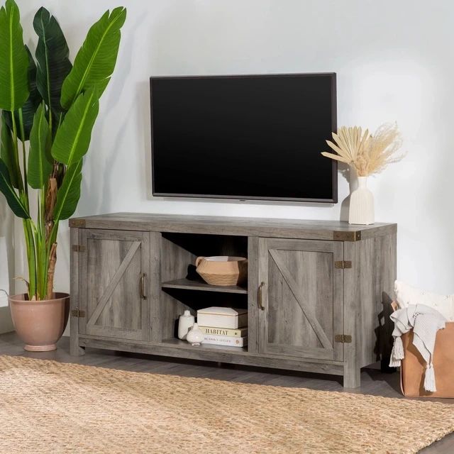Woven Paths Modern Farmhouse Barn Door Tv Stand For Tvs Up To 65", Storage  Cabinet, Chest Of Drawers For Drawing Room – Aliexpress Throughout Modern Farmhouse Rustic Tv Stands (View 6 of 15)