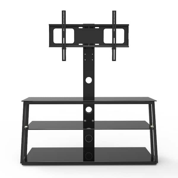 Yofe 41.3 In. Black 3 Tier Storage Shelves Tempered Glass Tv Stand Fits Tv's  Up To 65 In. With Swivel And Height Adjustable Camybk Gi04953w241 Tvstand01  – The Home Depot Within Glass Shelves Tv Stands (Photo 4 of 15)